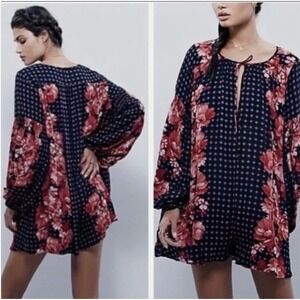 Free People Sunset Boulevard Floral Peasant Romper Oversized Long Sleeve Size XS